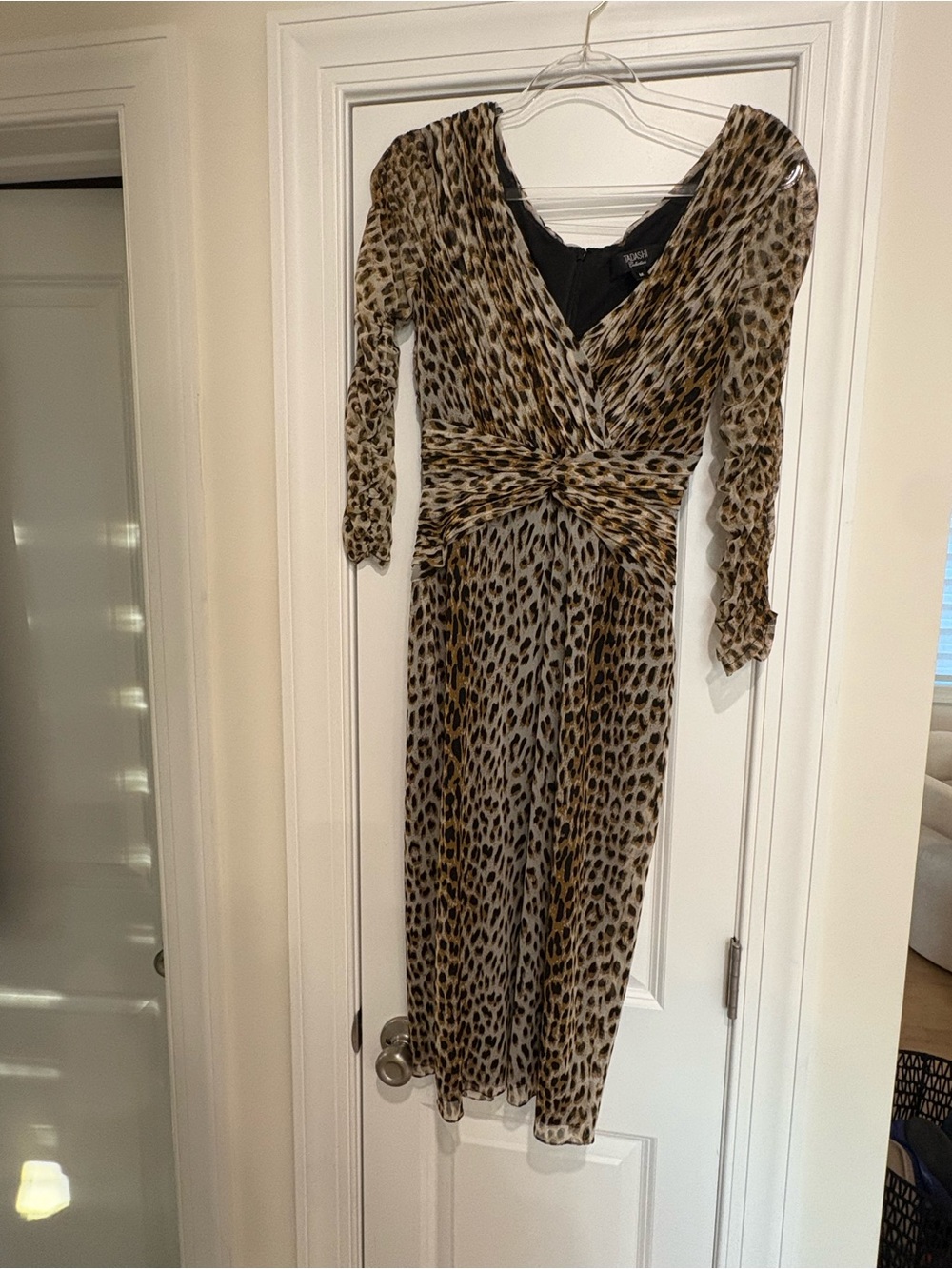 Tadashi Collection Leopard Print V-Neck Twist-Waist Midi Dress - Brown/Black